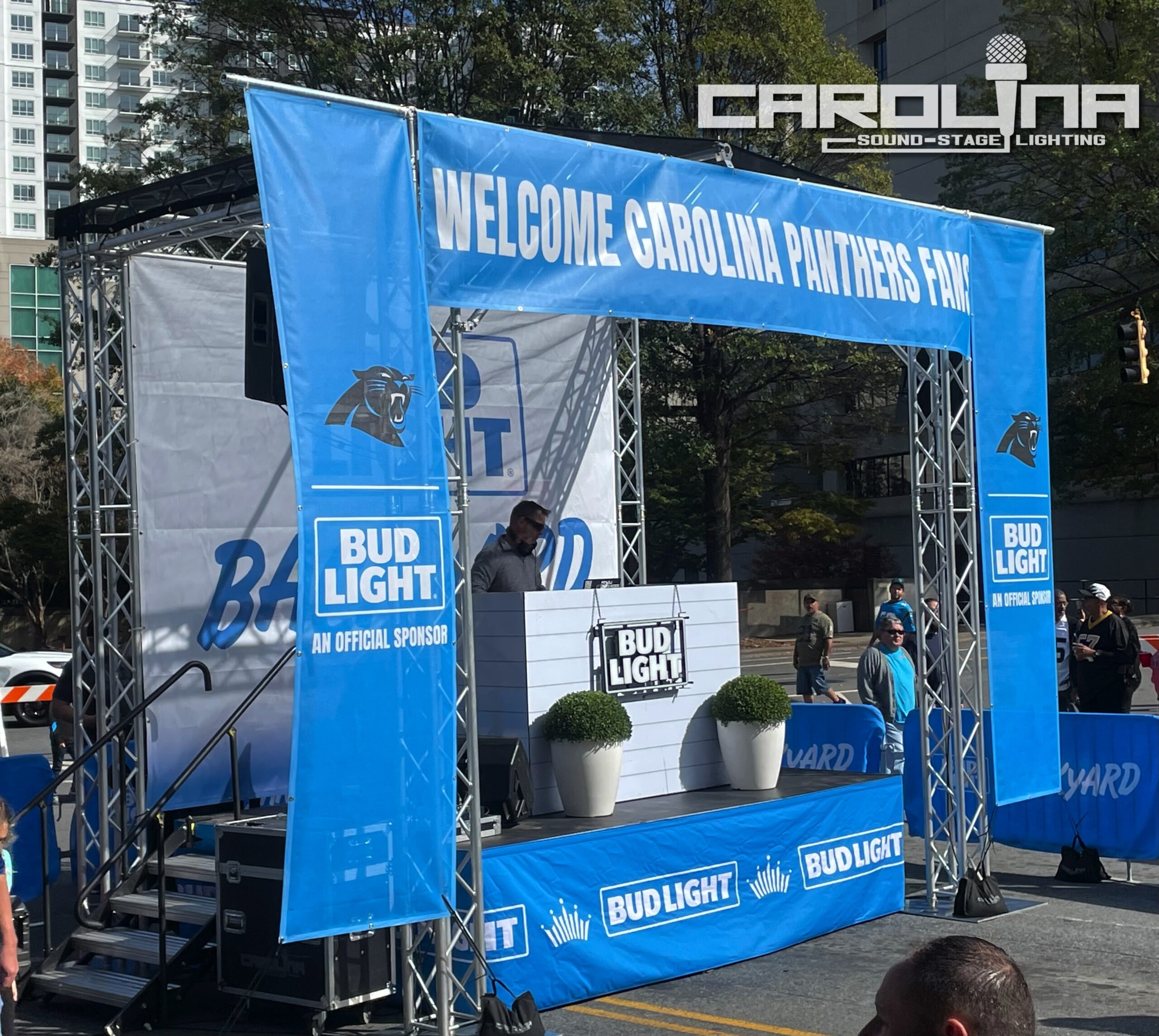 carolina panthers global truss cube structure carolina sound stage lighting nc sc charlotte corporate event av rental dj tailgate