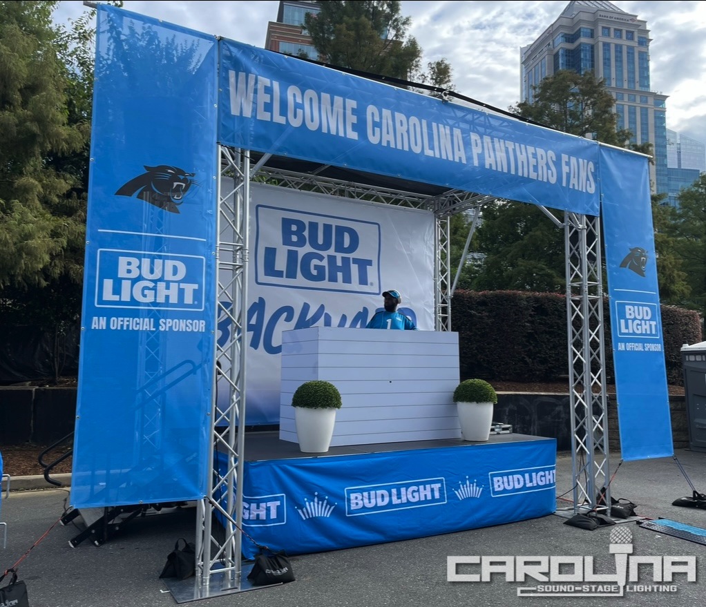 carolina panthers global truss cube structure carolina sound stage lighting nc sc charlotte corporate event av rental dj tailgate bud light