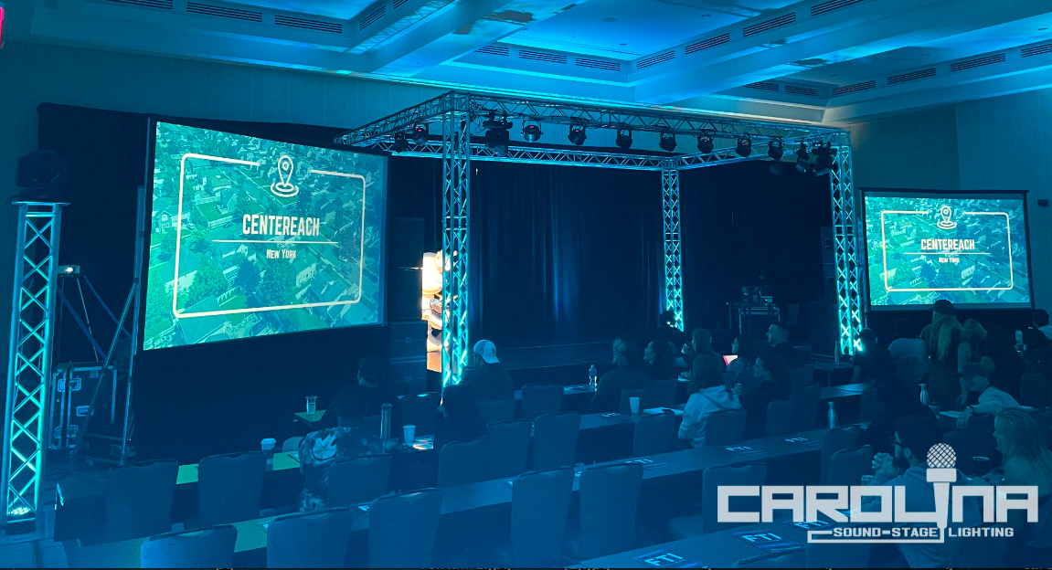 global truss cube structure carolina sound stage lighting video projection corporate convention summit event production rental nc sc hotel